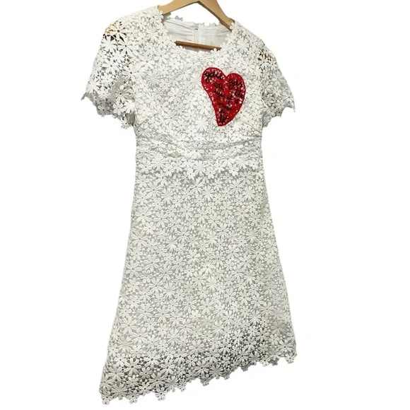 White Lace Mini Dress with Embroidered Heart Detail Crochet Boho Bride W… - Picture 6 of 15